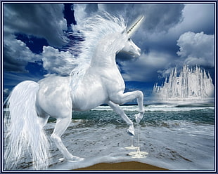 illustration of a white unicorn running on a white castle