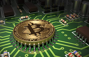 round black and green poker table, Bitcoin, digital art, Mainboard, computer