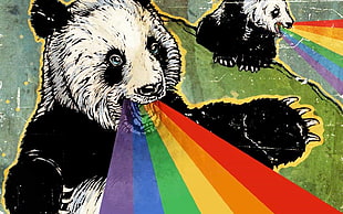 Panda illustration, rainbows, panda, Photoshop, Ratatat