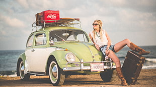 green and white Volkswagen Beetle coupe, photography, car, Volkswagen Beetle, Coca-Cola