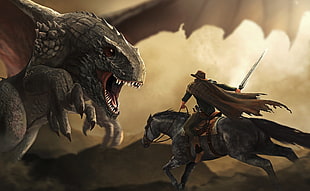 game application wallpaper, dragon, warrior, fantasy art, artwork