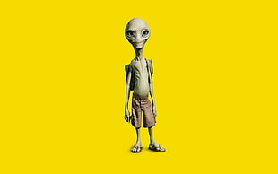 topless Alien wearing brown shorts wearing backpack and pair of flip flops illustration HD wallpaper