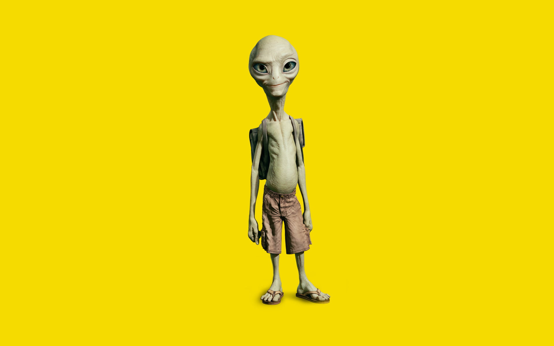topless Alien wearing brown shorts wearing backpack and pair of flip flops illustration