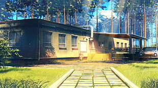 brown bungalow house illustration, building, sunlight, path, forest