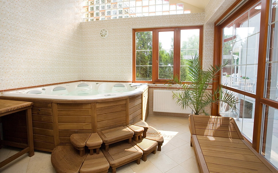 brown and white hot tube and brown wooden lounge HD wallpaper