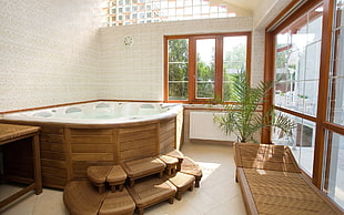 brown and white hot tube and brown wooden lounge