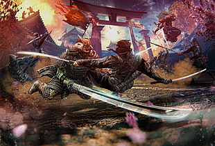 swordsman illustration, ninjas, samurai, artwork, fantasy art HD wallpaper