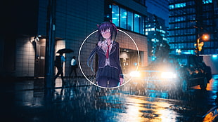 female black-haired anime character wallpaper, anime, blurred, minimalism, urban
