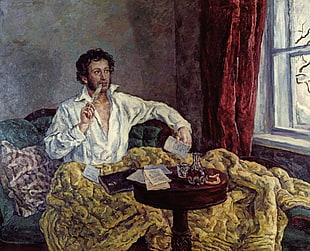 man eating on sofa painting, Alexander Pushkin, painting, classic art, feathers