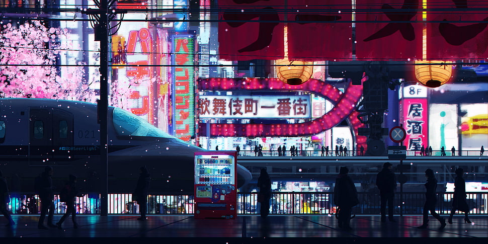 red vending machine, digital art, artwork, Japan, city HD wallpaper