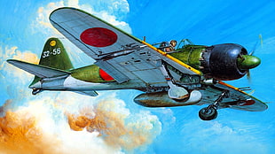 green aircraft illustration, Japan, World War II, Zero, Mitsubishi