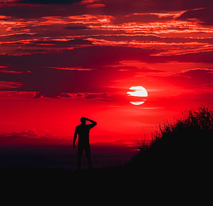 silhouette of person, Man, Silhouette, Sunset HD wallpaper