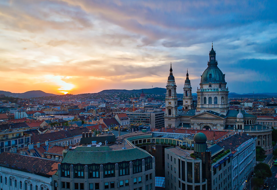 top view landscape photo of teal and beige concrete cathedral, budapest HD wallpaper