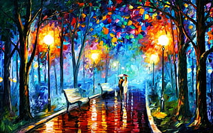 man and woman under one umbrella in the pathway near trees with lanterns painting
