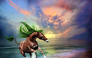 brown horse, unicorns, horse, fantasy art, digital art