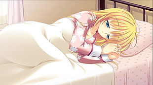 blonde female anime character lying on pink mattress