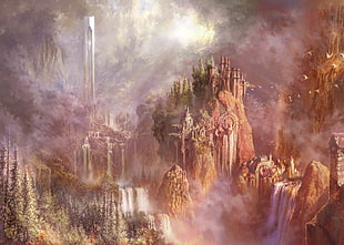 castle on top of mountain surrounded by waterfalls painting, fantasy art, waterfall