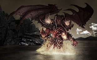 red devil game illustration, demon, wings, horns