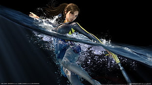 brown female anime character digital wallpaper, split view, Lara Croft, wetsuit, Tomb Raider