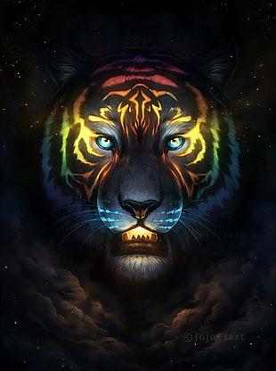 tiger head painting, tiger, artwork, Jonas Jodicke, clouds