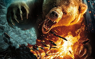 angry bear illustration, bears, fire, artwork, creature
