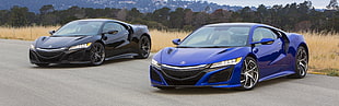two black and blue coupes, Acura NSX, car, vehicle, dual monitors