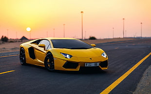 yellow Lamborghini Aventador on road