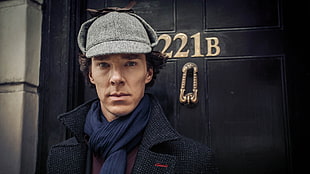 men's blue scarf, Benedict Cumberbatch, Sherlock, hat HD wallpaper