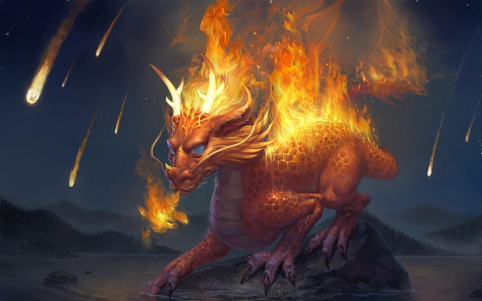 photo of fire dragon on stone artwork HD wallpaper