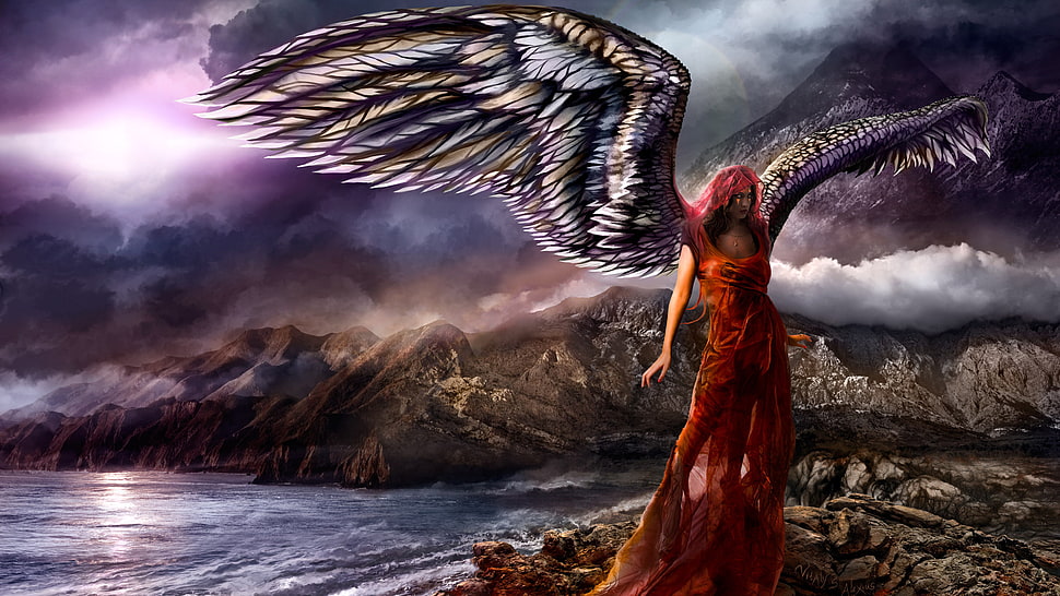 woman wearing dress with wings poster HD wallpaper