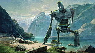 gray robot movie still, artwork, digital art, The Iron Giant, mountains