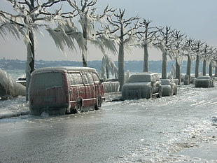 several frozen cars, ice, car, winter, road