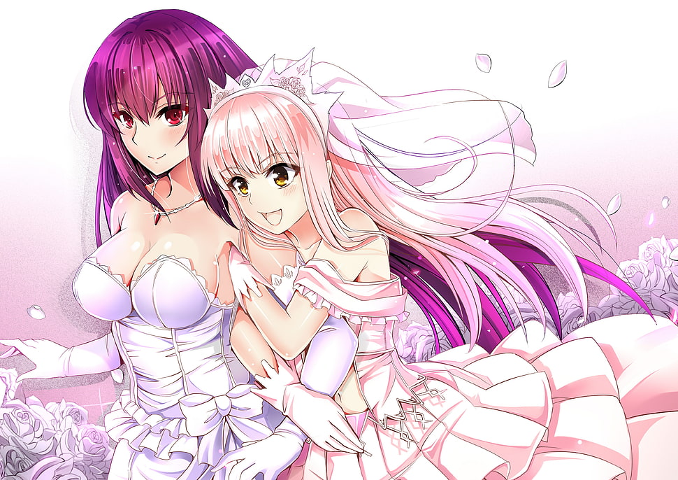 two female anime characters, Fate/Grand Order, Medb ( fate/grand order ), Scathach ( Fate/Grand Order ), wedding dress HD wallpaper
