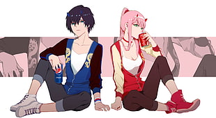 anime pepsi and coca-cola illustration, Darling in the FranXX, Zero Two (Darling in the FranXX), Code:016 (Hiro) , pink hair HD wallpaper