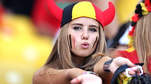 red, yellow, and black devil hat, Axelle Despiegelaere, FIFA World Cup, women, Belgium HD wallpaper
