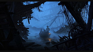 person riding on boat illustration, pirates, ship, wreck, mist