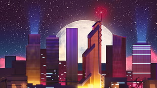 brown and purple city illustration