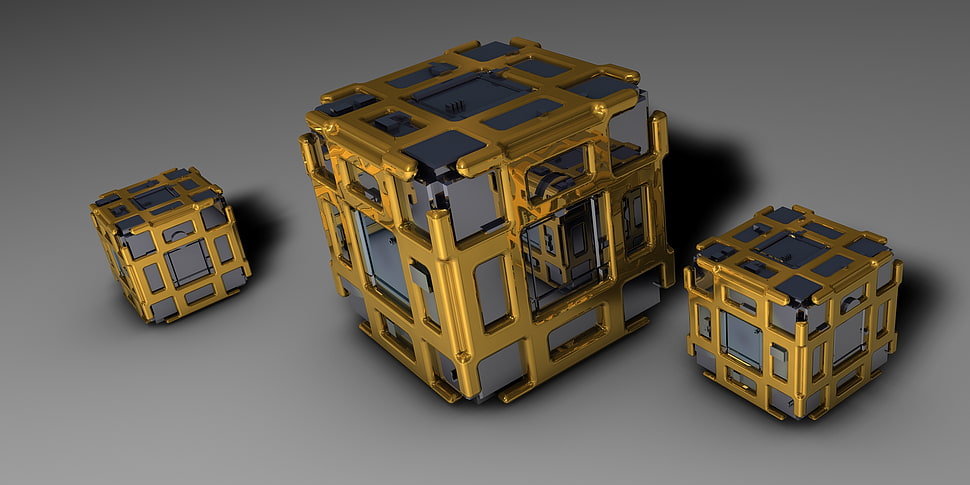 three gold and gray puzzle cube illustration HD wallpaper