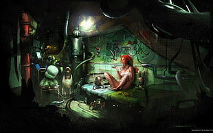 woman sitting on sofa painting, artwork, women, redhead, video games