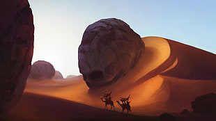 two camels near desert hill painting, desert, camels, skull, dune