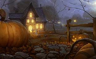 brown and beige Haunted House illustration HD wallpaper