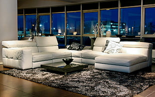 white fabric sectional sofa, indoors, interior design, couch, carpets