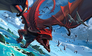 red dragon illustration, Andrey Maximov, dragon, island, Fly HD wallpaper