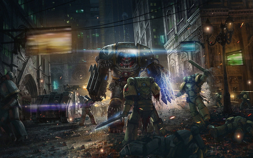 gray robots in the city wallpaper, artwork, fantasy art, futuristic armor, Warhammer 40,000 HD wallpaper