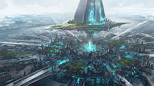 green and blue city game wallpaper, digital art, science fiction, building, city