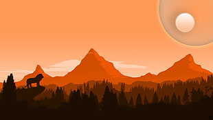 silhouette of lion illustration, trees, lion, hills, planet HD wallpaper