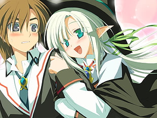 green haired woman and brown haired man anime character wallpaper