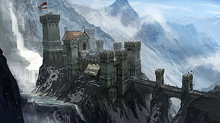 gray concrete castle on snow-capped mountain