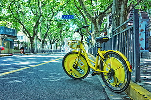 yellow city bike, Bicycle, Street, Yellow
