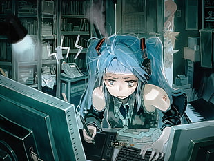 female anime character facing monitor HD wallpaper